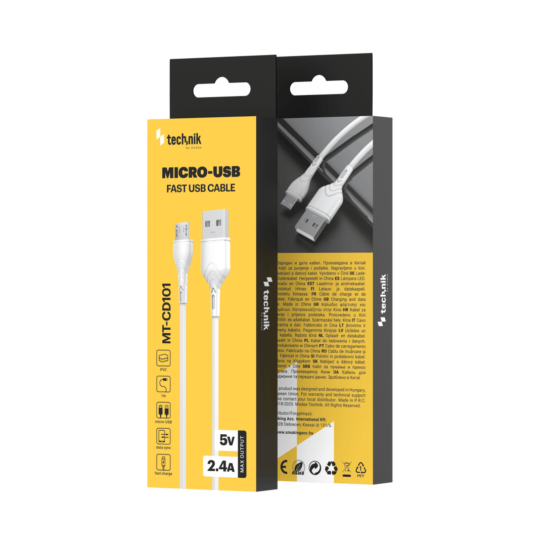 Technik Töltő-és Adatkábel PVC USB-A / Micro USB 5V 2,4A 1m Fehér