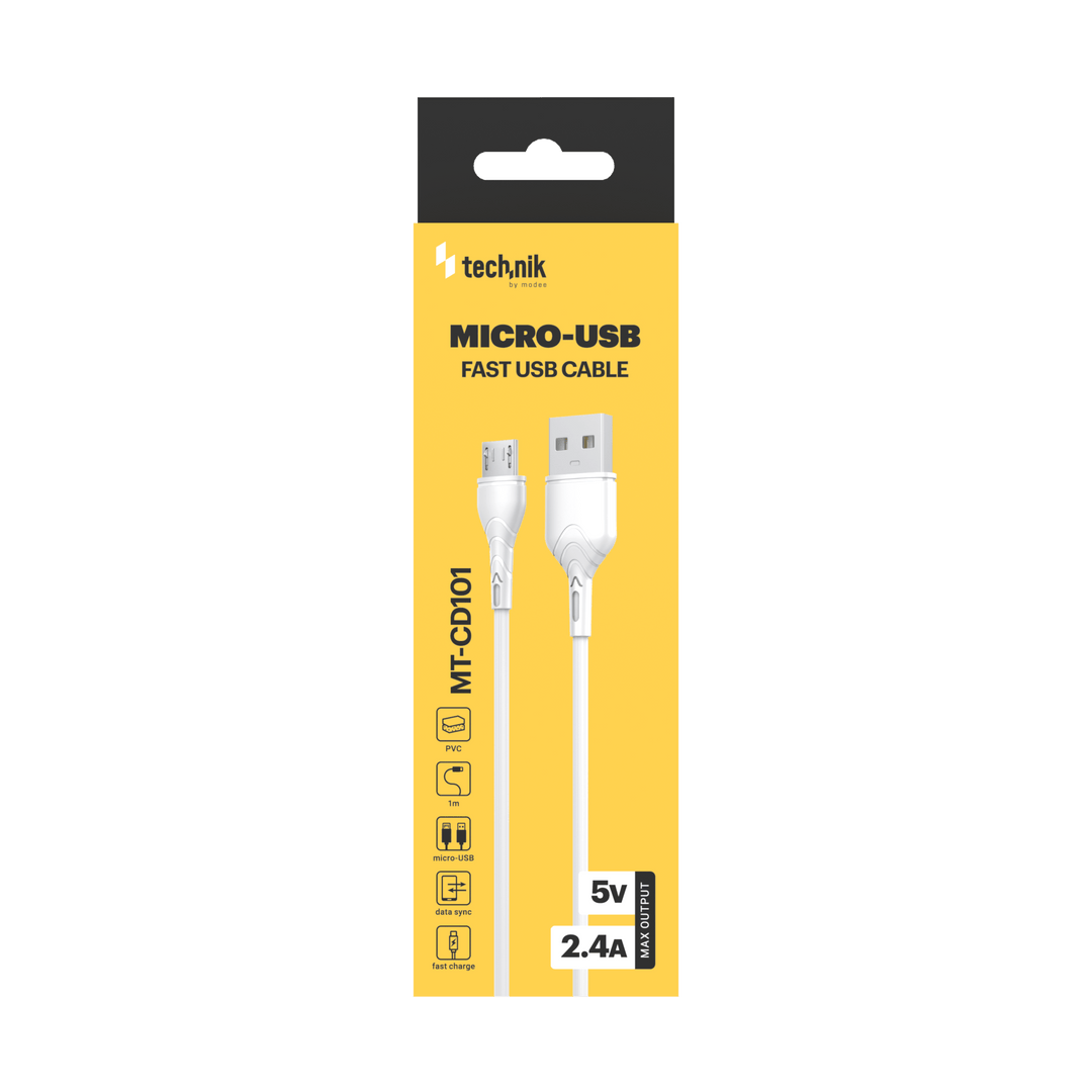 Technik Töltő-és Adatkábel PVC USB-A / Micro USB 5V 2,4A 1m Fehér