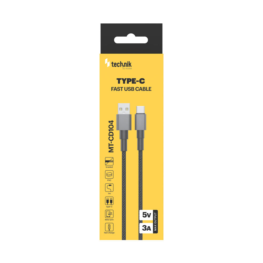 Technik Töltő-és Adatkábel Braided USB-A / USB-C 5V 3A 1m Fekete