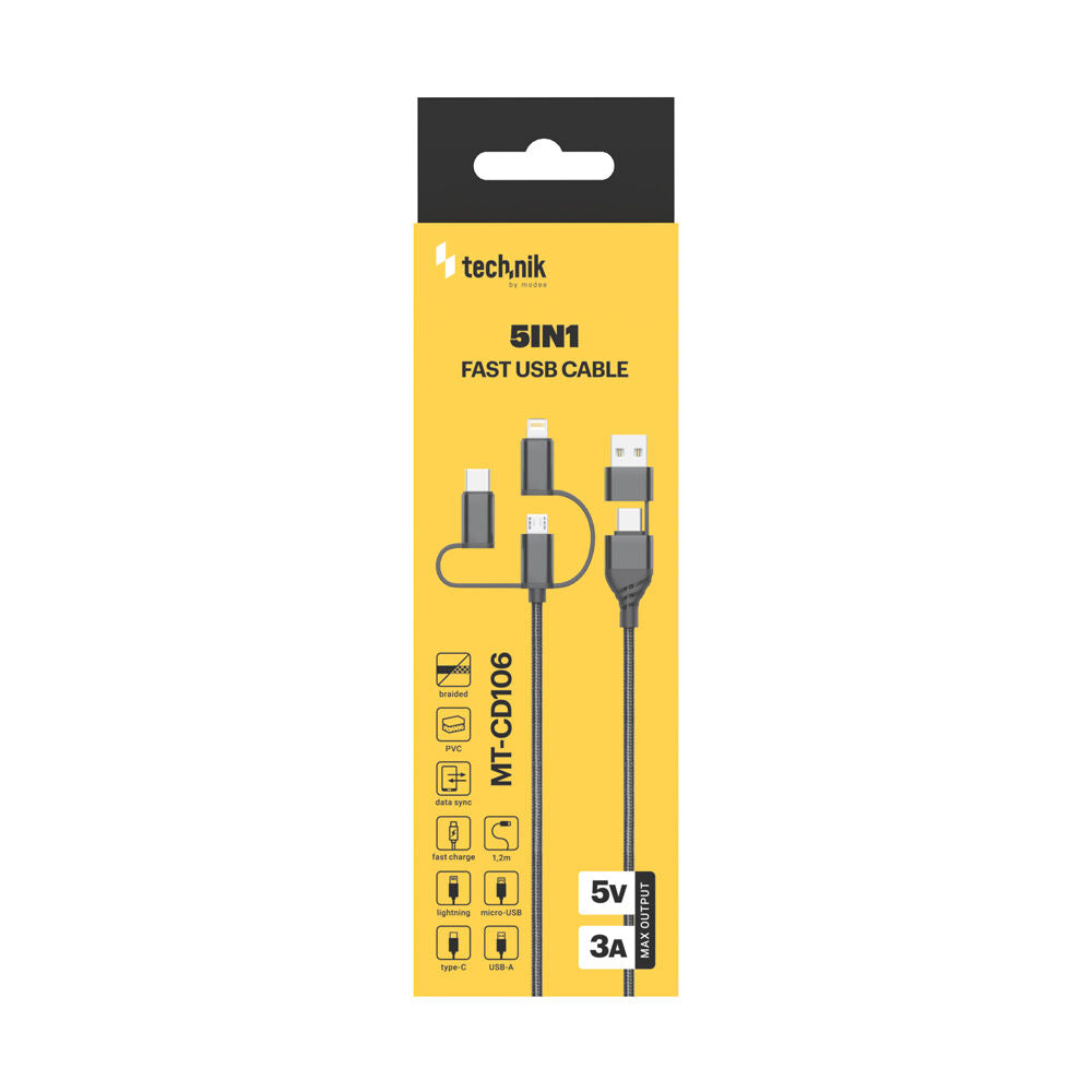Technik Töltő-és Adatkábel Braided (5in1) USB-A/C to all 5V 3A 1,2m Fekete